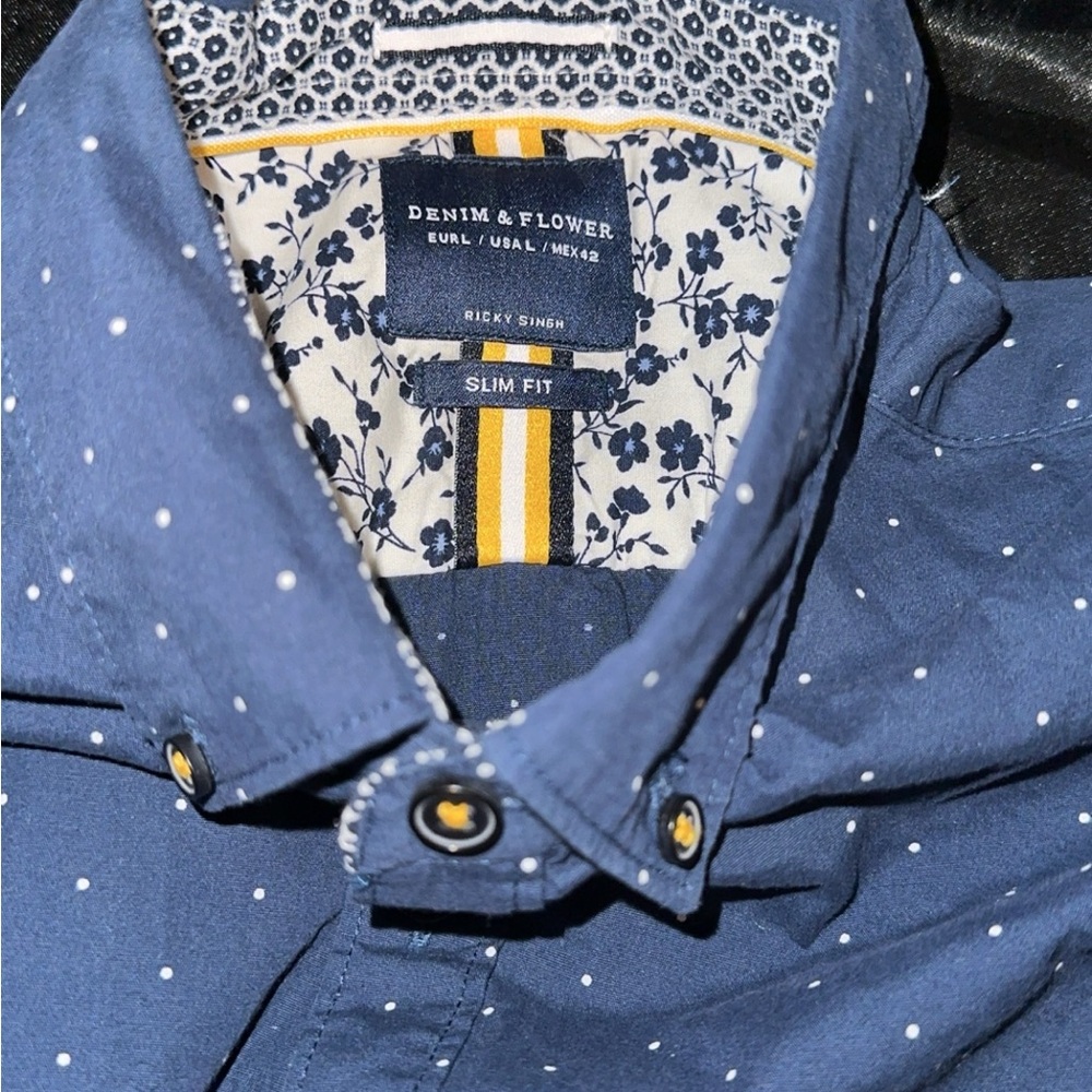 Denim & Flower Blue Casual Button Down Shirt with Floral Lining